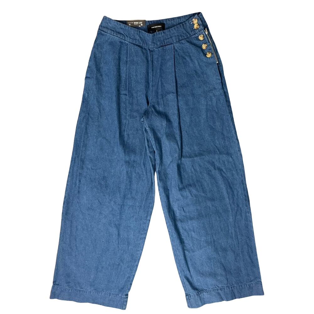 Who What Wear Side Button Dark Wash Blue Pleated Wide Leg Jeans size 4 NEW Tags